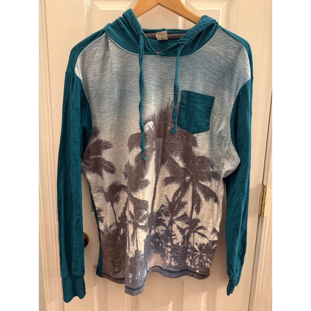 Quiet Storm Mens XL Teal Palm Tree Tropical Graphic Hooded Long Sleeve Shirt